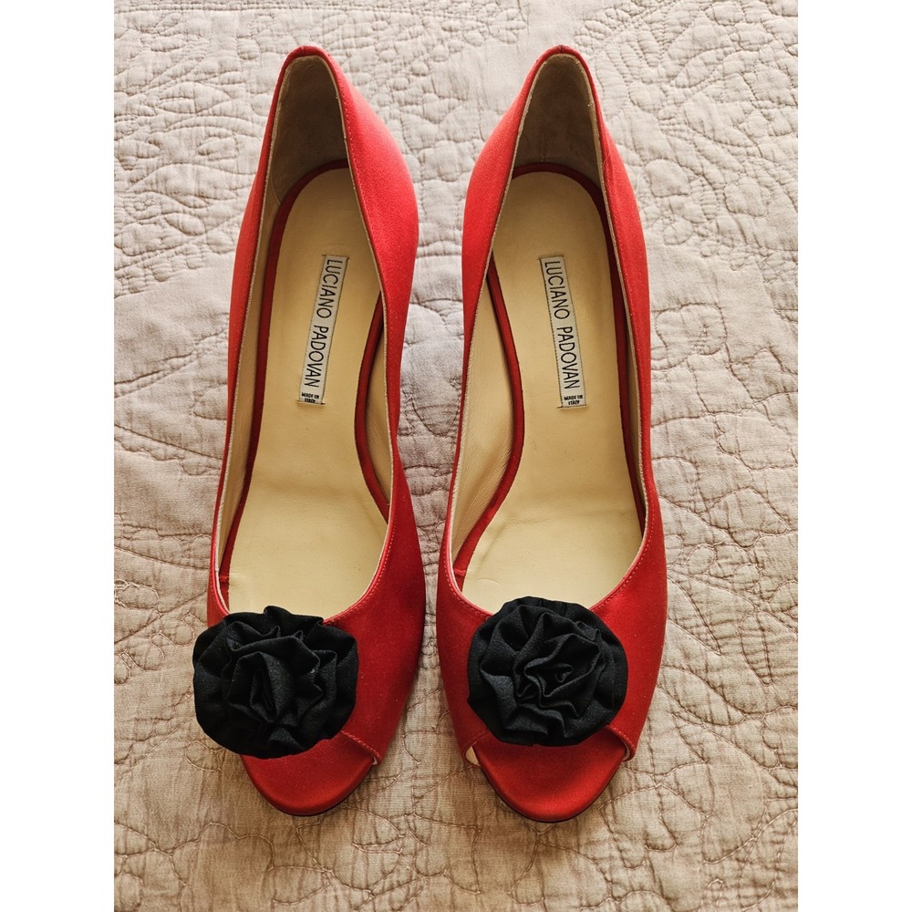 Luciano Padovan Women's Red Satin Shoes Black Floret, 2" Heels, Leather Sole, 39
